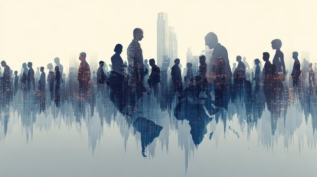 Global skyline emerging from human silhouettes and graphs, population impact, world investment. 