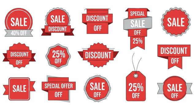 A collection of red discount and sale labels, stickers, and tags on a white background viewed from directly above.