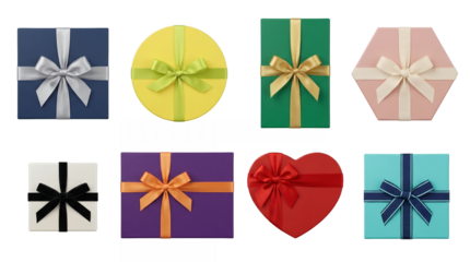 Gift box set including square, round, heart, hexagon, and rectangular shapes with ribbons isolated. Colorful present collection for holidays and celebrations.