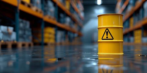 Oil spill in warehouse causes alert near storage containers and barrels during daylight hours