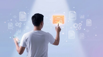 Man interacting with futuristic digital interface on smartphone and touchscreen