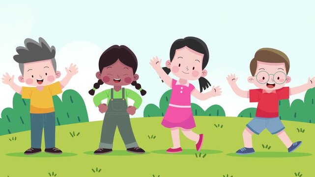 Collection of animated diverse cartoon children waving on a grassy hill with bushes and blue sky, childhood, education, school, or community fun