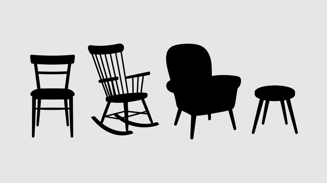 a monochromatic illustration depicts a variety of seating options including chairs a rocking chair and a small stool arranged in a simple composition high quality professional