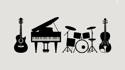 a silhouette depiction of various musical instruments including a guitar piano drum set and cello presenting a harmonious arrangement high quality professional detailed modern elegant stylish © Nargis