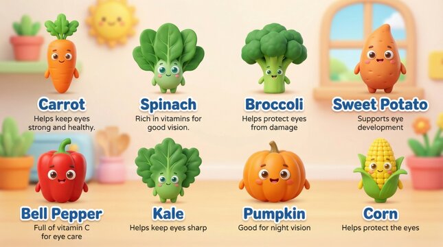 Colorful cartoon vegetables with smiling faces promoting healthy eating and eye health for children