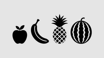 a simple illustration depicting a variety of fresh fruits including an apple banana pineapple and watermelon in black silhouettes high quality professional detailed modern elegant stylish © Nargis