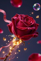 Closeup of a Red Rose Surrounded by Glittering Elements and Bubbles on Dark Background