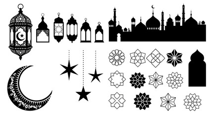Collection of Islamic cultural icons including lanterns, crescent moon, stars, and mosque silhouettes