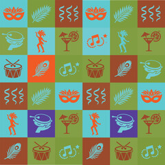 Colorful seamless pattern on green background featuring tropical party motifs like palm trees, cocktails, dancers, masks, serpentine streamers, and musical instruments for summer fiesta themes.