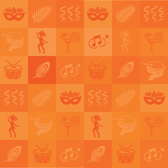 Vibrant seamless pattern on orange background with carnival icons including dancing figures, masks, music notes, feathers, fireworks, and party elements, ideal for festive wallpapers and designs.