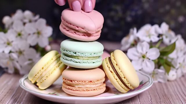 Delicious pastel macarons stacked on a glass plate beside delicate white blossoms in sunlight