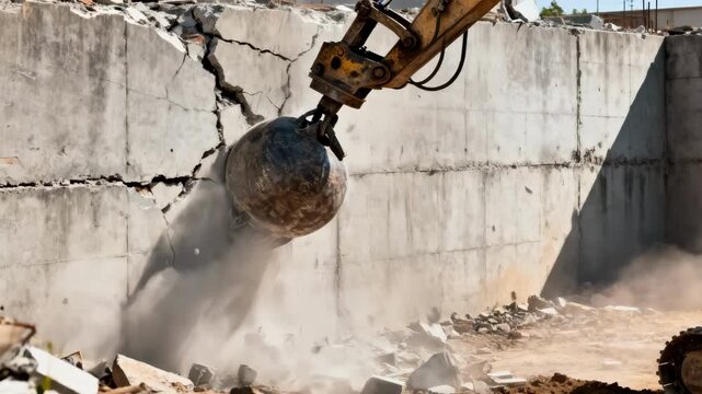 Medium shot of heavy machinery breaking down a concrete wall during full demolition at a construction site.