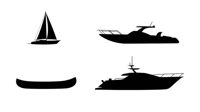 a minimalist illustration depicts four distinct silhouettes of watercraft showcasing a sailboat a motor yacht a dugout canoe and another yacht high quality professional detailed modern