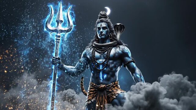 Powerful Lord Shiva Holding Trishula Against Dark Cosmic Background
