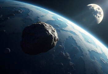 An asteroid is flying past the Moon toward Earth. The meteorite's impact threatens planets with catastrophe and apocalypse. The meteorite consists of many particles.