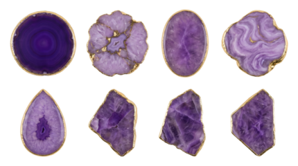 Purple agate slice set including round, oval, heart, and organic stone shapes with gold edges isolated. Luxury crystal jewelry and decor collection.