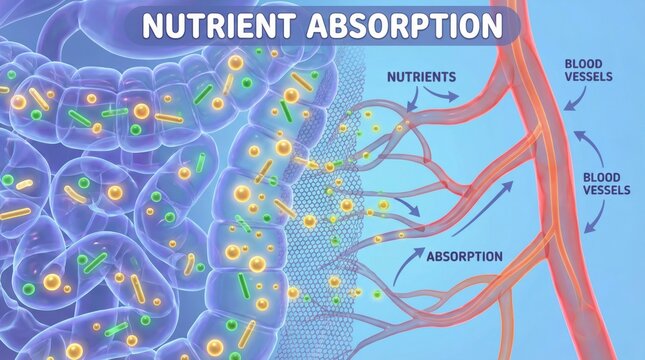 Detailed Illustration of Nutrient Absorption Process in Human Body Highlighting Blood Vessels and Nutrients