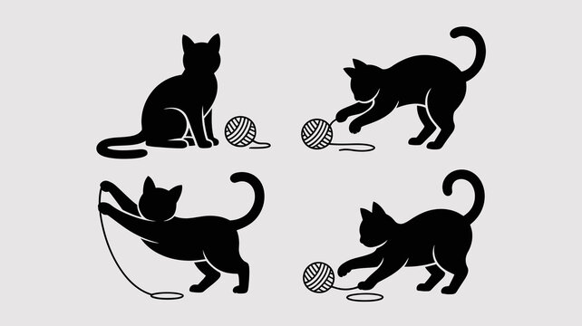 a minimalistic illustration showcases four black silhouettes of playful cats interacting with yarn balls in various dynamic poses high quality professional detailed modern elegant stylish clean