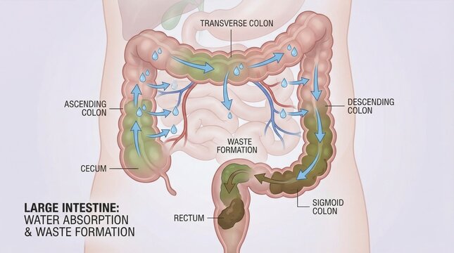Detailed Diagram of Large Intestine Showing Water Absorption and Waste Formation Process in Human Body