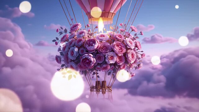 Dreamlike Flower-Enveloped Hot Air Balloon Floating Above Pink Cloudscape Majestically