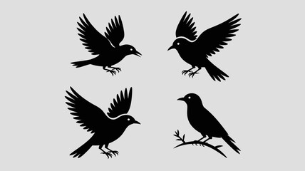 Obraz premium A minimalist depiction showcases four silhouetted birds in various flying and perched positions creating a striking and artistic visual composition high quality professional detailed modern elegant