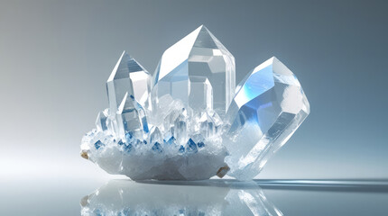 Clear quartz crystal cluster with sharp points and blue accents on a reflective surface, showcasing natural beauty and intricate formations in a minimalistic setting