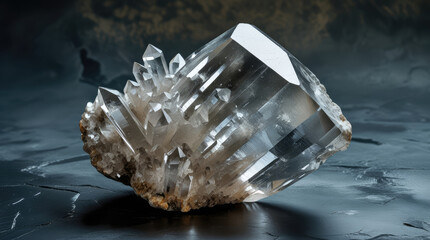 Clear quartz crystal cluster with sharp points and natural inclusions resting on a dark textured surface, showcasing its unique geometric formations and reflective qualities
