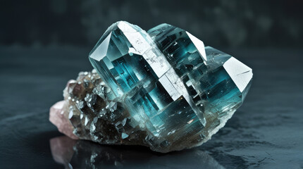 Large blue-green crystal with sharp facets and clear edges resting on a dark surface, showcasing its unique structure and natural beauty in a close-up view