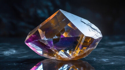 Large, multifaceted crystal with vibrant orange and purple hues resting on a reflective surface, showcasing intricate details and natural imperfections in a dark environment