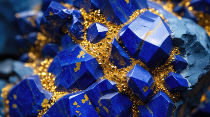 Vibrant blue lapis lazuli crystals with golden pyrite inclusions on a rocky surface showcasing intricate textures and natural beauty in a close-up view