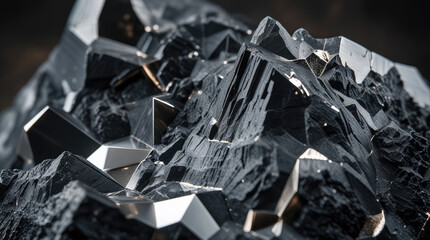 Abstract close-up of a crystalline mineral formation with sharp edges and reflective surfaces showcasing intricate textures and geometric shapes against a dark background