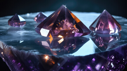 Amethyst crystals with sharp facets and reflections resting on a polished surface, showcasing vibrant purple hues and intricate internal structures against a dark background with soft lighting