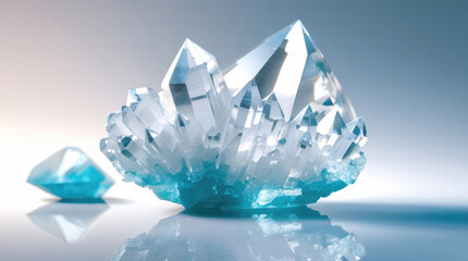 Clear crystal cluster with sharp points and blue mineral base, reflecting light on a smooth surface, showcasing natural beauty and intricate formations in a serene setting