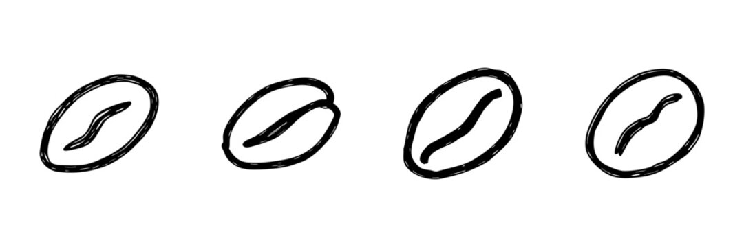 Coffee Bean Line Icon Set In Doodle Style. Caffeine, Beverage, And Coffee Culture Outline Sketch Collection. Hand Drawn Isolated Vector Illustration