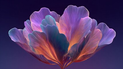 Abstract digital flower with vibrant translucent petals in purple, pink, orange, and teal on dark background.