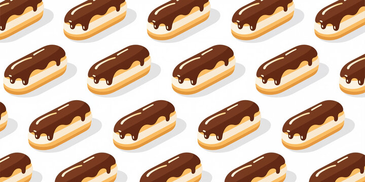 A repeating pattern of eclairs glazed with chocolate on a white background, characterized by a cartoonish and vibrant visual style and layered dessert composition.