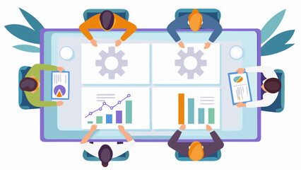 Fototapeta premium Data Analysis Teamwork: A top-down view captures a dynamic group of individuals huddled around a central data screen, immersed in a collaborative session, working towards common goals. 