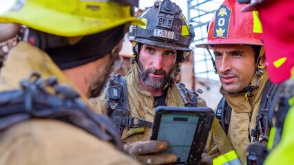 Rescue personnel examining data on handheld devices linked to sonar and infrared tools while planning victim extraction in an urban rescue mission.