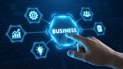 A futuristic business concept with a hand interacting a digital interface, surrounded by glowing icons representing growth, innovation, and technology.