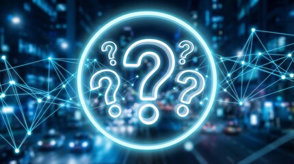 A mysterious cityscape at night with glowing blue question marks, representing inquiry and innovation in a modern urban environment.