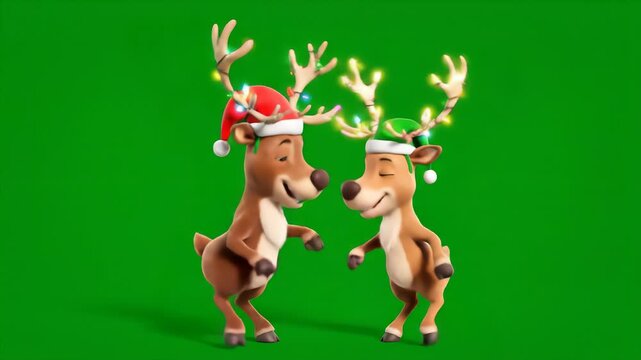Two Cartoon Reindeer Wearing Festive Hats and Light-Up Antlers Dancing Merrily on a Green Screen Background
