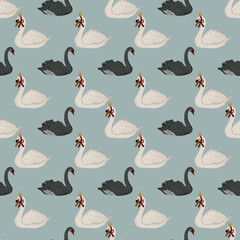 Seamless fairytale swan pattern featuring elegant white and black swans with crowns and ribbons. Hand-drawn whimsical style, soft pastel palette, perfect for kids textiles, wallpaper, wrapping paper © September girl
