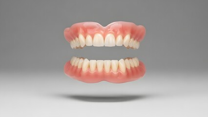 Fototapeta premium Floating Complete Dentures on Gray Studio Background