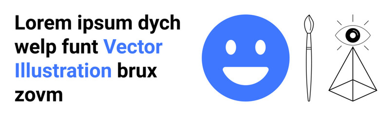 Fototapeta premium Graphic design, creativity, visual art, emotions, artistic elements, symbolism. Blue happy face, paintbrush pyramid with eye. Graphic design and creativity focus