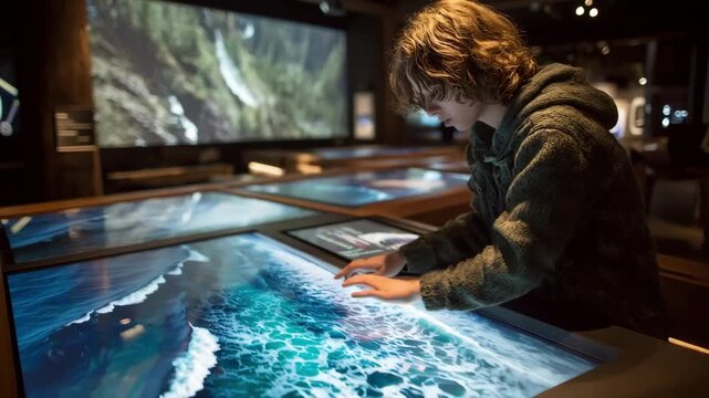 Scene capturing a user interacting with a large digital display table featuring dynamic photo projections and intuitive touchscreen elements.