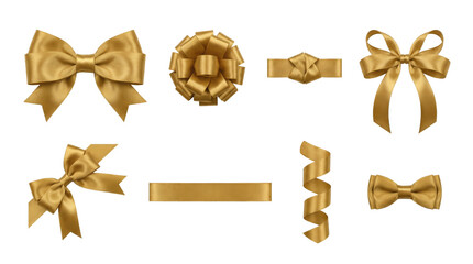 Gold satin ribbon set including decorative bows, knots, curls, and horizontal strips isolated. Elegant gift wrapping and holiday decoration elements.