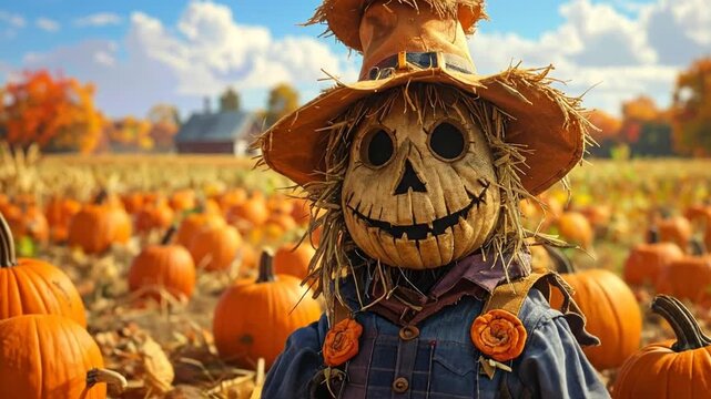 A smiling scarecrow in a pumpkin patch. Autumn leaves and blue sky. A field in the background
