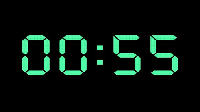 Green retro digital led countdown timer display from one minute to zero seconds on black background with glowing neon segmented numbers