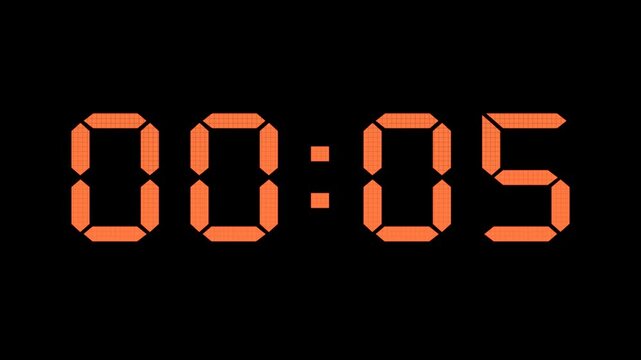 Orange amber retro digital led timer display counting up from zero to one minute on black background with glowing warm neon segmented numbers