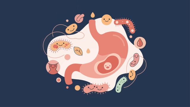 Cute illustration of the human digestive system and healthy gut flora
